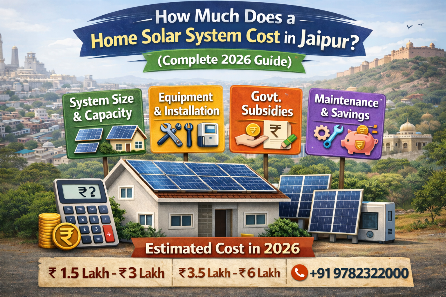 Home solar system cost in Jaipur 2026 showing rooftop solar panels, price range, and government subsidy information