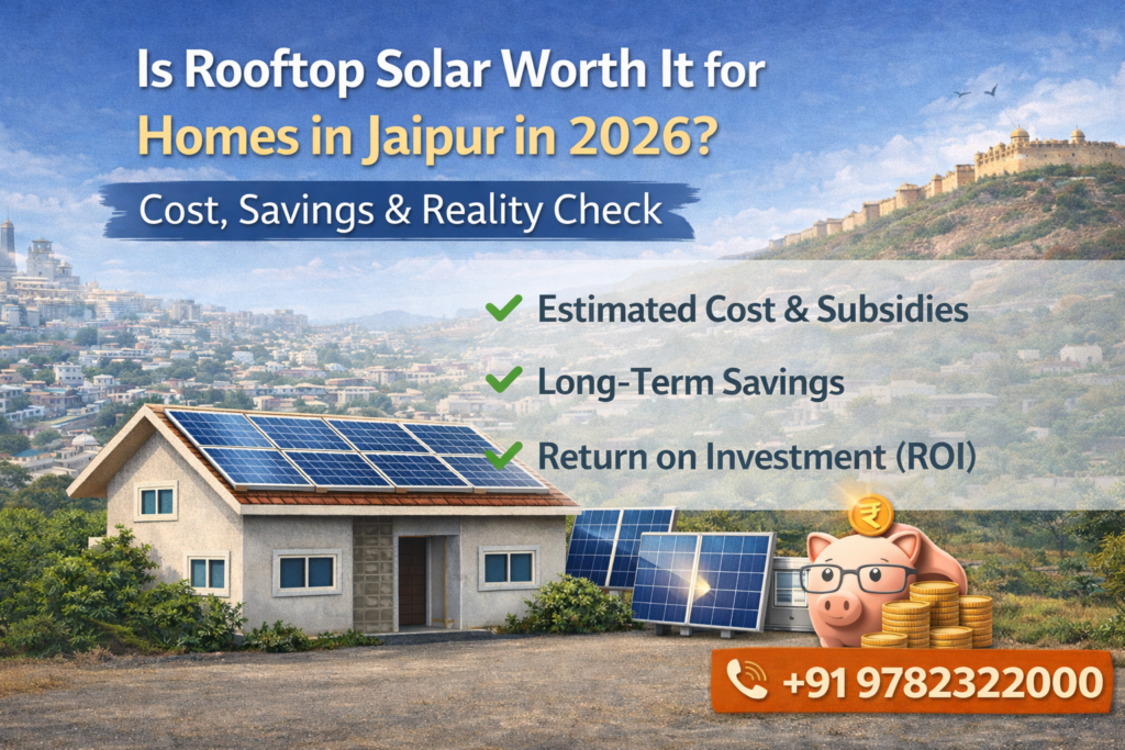 Rooftop solar worth it for homes in Jaipur 2026 showing cost, savings and solar panels on a residential house