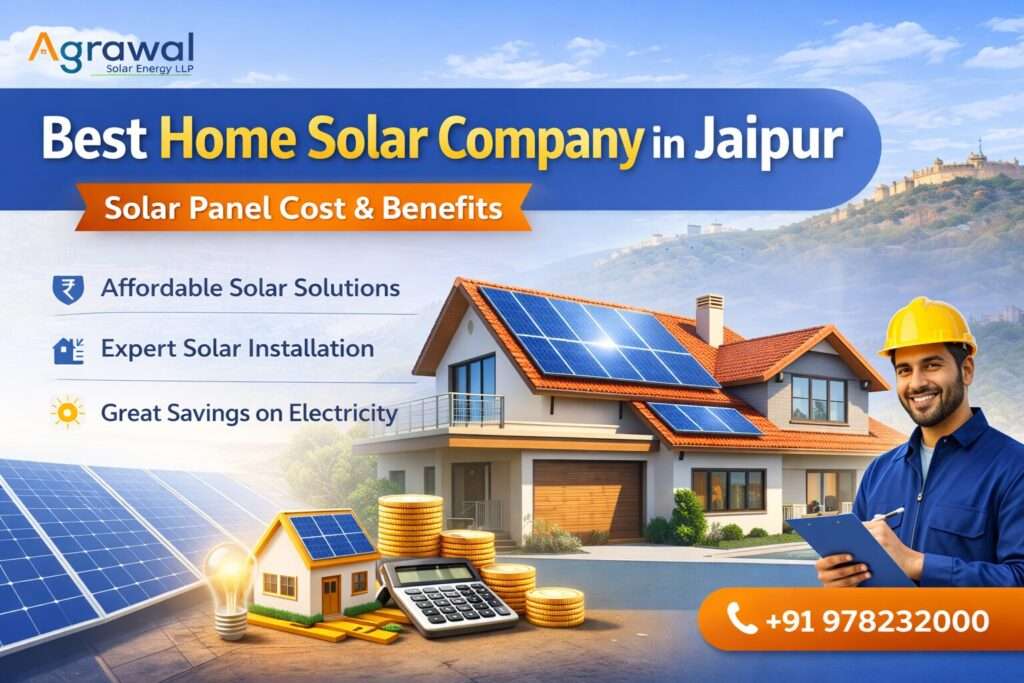 Best home solar company in Jaipur showing rooftop solar panels and residential solar system cost