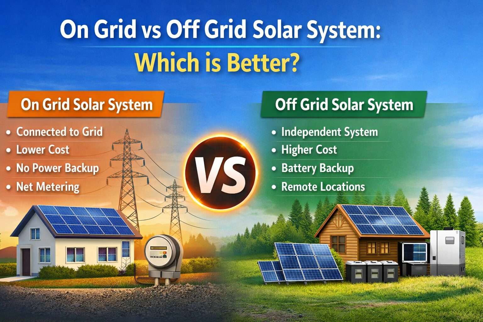On Grid vs Off Grid Solar System Comparison Guide Showing Differences Between Grid Connected Solar And Battery Based Solar System