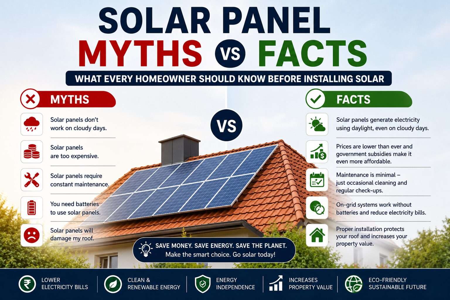 Solar Panel Myths vs Facts infographic explaining common solar panel myths and facts for homeowners planning a rooftop solar system.